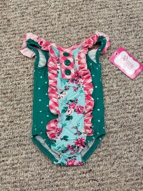 NWT Ricrac & Ruffles One-Piece Baby Swimsuit in Teal & Pink 6-9 mos